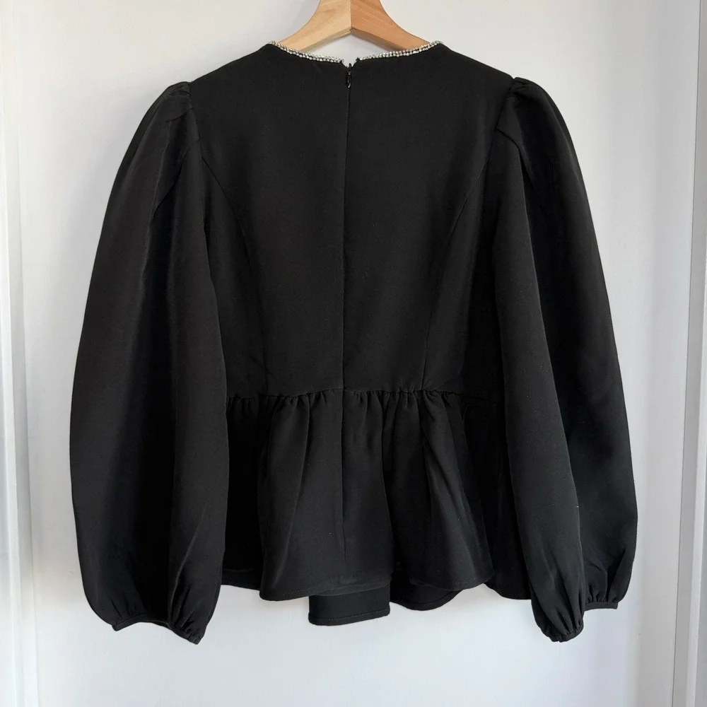 Tuckernuck Hyacinth House Blair Black Rhinestone Bow Long Sleeve Blouse Small‎